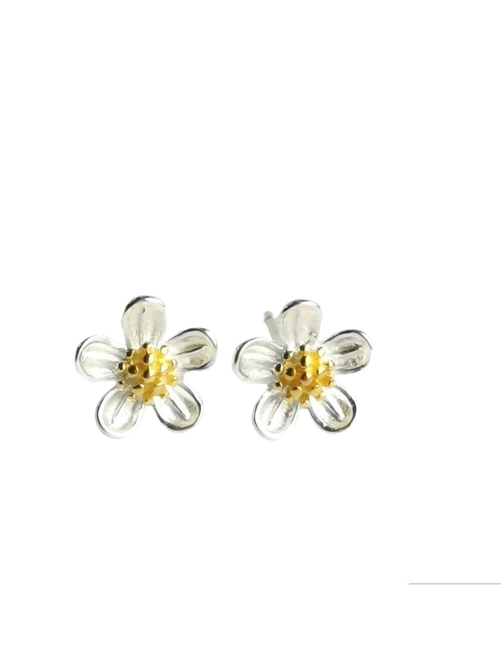 Sterling Silver 14K Gold Cherry Blossom Flower Stud Earrings